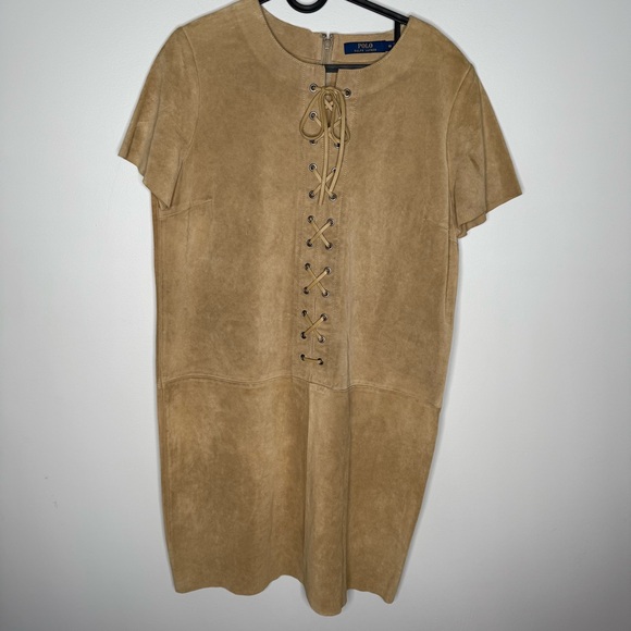Polo Ralph Lauren lambs Leather Suede Lace Front tan dress - Picture 3 of 4